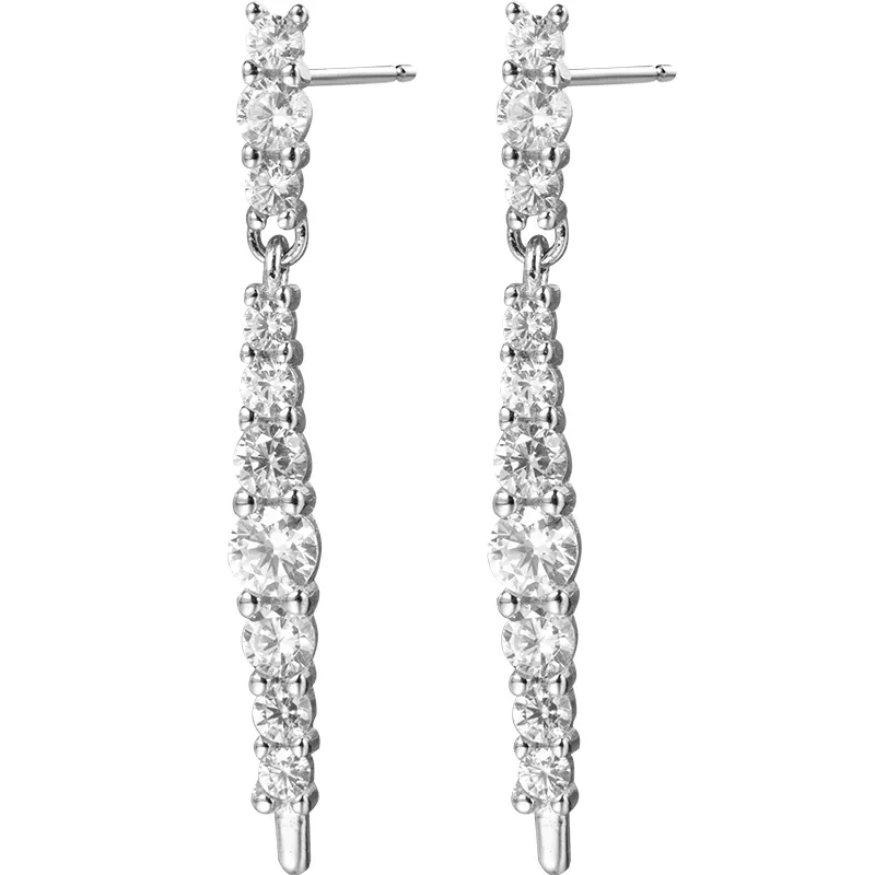 Silver 925 sterling Cubic Zirconia Stick tassel Women Zircon Crystal Bridal Earrings for wedding
