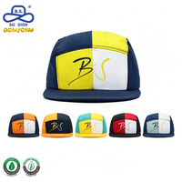 Casquette de baseball à 5 panneaux, style camper, à séchage rapide, à visière plate, avec logo personnalisé BS Script, coloris bleu marine, jaune et blanc