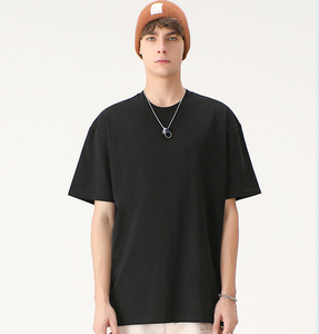 T-shirt décontracté à manches courtes et col rond en coton lourd 250 g/m² pour homme, noir uni, coupe ample - Product Image 1