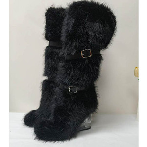 נעלי נשים חדשות עם עקב טריז אופנתיות עד הברך עם אבזם פרווה נעלי מסיבה לחורף לנשים - Product Image 5