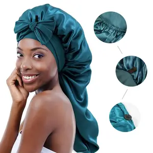 2024 New Wholesale 2 Style Mixed Color Big Size Adjustable Hair Bonnet Long Satin Sleeping Bonnet Hair Wraps
