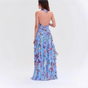 Vestido Largo de Noche con Estampado Floral, Cuello Halter, Cintura Imperio, Falda con Volantes Multicapa, Transpirable, para Mujer - Product Image 3