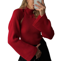 Ensemble deux pièces tricoté pour femme, style décontracté, col montant, pull gilet à dos nu, cardigan couleur unie, épaules tombantes, collection automne