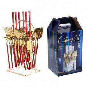 Ensemble de couverts réutilisables de style occidental doré de 24 pièces, couteau à steak, fourchette, cuillère avec boîte cadeau élégante pour support mural - Product Image 4