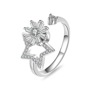 Anillos giratorios delicados con diseño floral para la ansiedad, con circonitas pavé, de cobre chapado en oro blanco, con estrella, ajustables, para mujer - Product Image 5