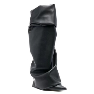 Botas de tacón alto fino con pliegues y punta fina para mujer, de cuero mate, hasta la rodilla, estilo pantalón, tipo botín. - Product Image 6