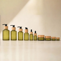 Botol Kaca Hijau Zaitun Berbentuk Miring 30 ml 60 ml 100 ml 200 ml Botol Kosmetik dan Stoples Kaca 30 gr 50 gr dengan Tutup Bambu