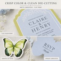 Invitations de mariage bleu vert clair avec papillon, impression de bordure florale, cartes de papeterie de mariage découpées sur mesure