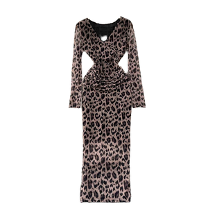 Robe mi-longue sexy vintage à manches longues, col en V, taille empire, imprimé léopard, tissée, respirante et écologique, pour printemps, été, automne - Product Image 1