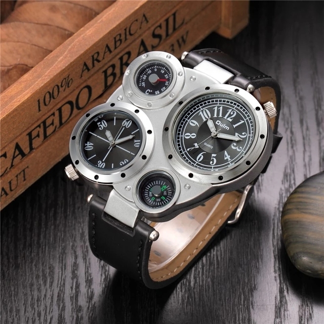 Oulm 9415 Genuine Leather Band Watch Men Unique Design Irregular Dial Men's Sport Watches Two Time Zone Quartz Male Wristwatch