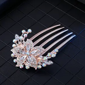 Vente en gros peigne à cinq dents pince à cheveux alliage diamant peigne à cheveux fleur colorée élégante pince à cheveux chignon pour femmes