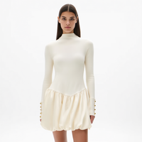 Nouvelle Robe Mini Femme Élégante Blanc Cassé Col Montant Manches Longues Boutons Dorés Poignets Plissés Jupe Bouffante Personnalisée Vente en Gros