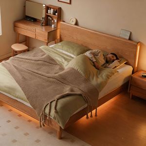 เตียงเก็บของไม้เนื้อแข็ง 1.5 ม. ไม้เชอร์รี่ หัวเตียงมีไฟ ห้องนอน เตียงคู่ - Product Image 1