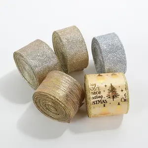 Vente en gros de poudre de paillettes en tissu doré personnalisé Ruban de Noël avec fil Boîtes d'emballage cadeau de Noël Rouleau de ruban de Noël