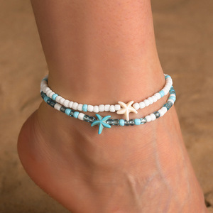 Conjunto de tobilleras con cuentas de estrellas para niñas, adornos elásticos para pies de playa con dije de concha, joyería de moda de verano D1692-1 - Product Image 1