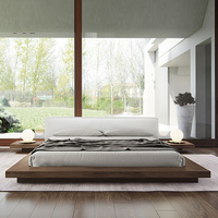 Cama Nórdica de Roble Macizo con Cabecero Acojinado de Lujo Ligero en Nogal Negro, Cama Baja Tipo Plataforma Tatami King Size para Muebles de Dormitorio