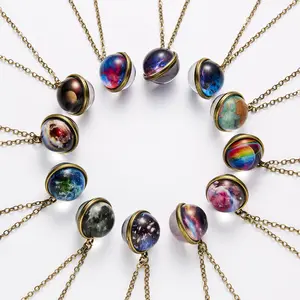 Eight Planets Necklace Pendent Double-Sided Glass Ball Universe Galaxy Solar System Guardian Stars Necklace for Women