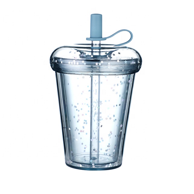 320 мл BPA бесплатно Пользовательский логотип многоразовые блестящие пластиковые двойные стенки стакан кофейная чашка с соломинкой