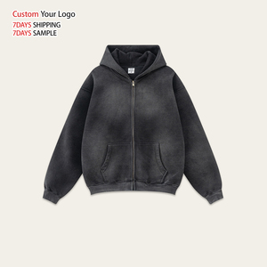 Custom Print Embroidered Unisex Distressed Oversized Winter Streetwear Heavyweight High Quality Vintage Acid Wash Zip Hoodie - Product Image 1