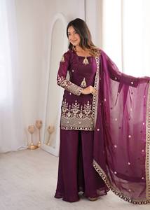 Ensemble prêt-à-porter pour femme, entièrement cousu, style ethnique, avec broderie et travail de sequins, comprenant un haut à bordure en dentelle, un pantalon palazzo et un dupatta. - Product Image 3