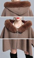 Gihuo Cape Poncho de luxe en laine tissée à capuche en fourrure de lapin à manches régulières pour femmes