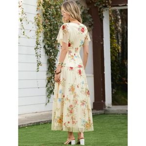 Vestido largo floral de verano para mujer, cuello en V, manga corta, línea A, cintura imperio, tul, para playa, vacaciones, fiesta - Product Image 5