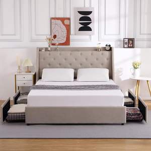 <span class=keywords><strong>Lit</strong></span> plateforme tapissé style moderne 4 tiroirs de rangement Vente en gros d'usine Grand cadre de <span class=keywords><strong>lit</strong></span> tête de <span class=keywords><strong>lit</strong></span> rembourrée avec rangement - Product Image 2