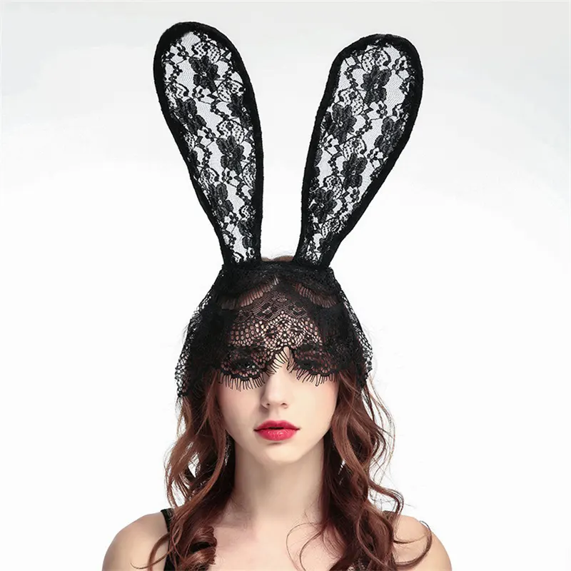 Women Halloween Hair Accessories Sexy Lace Rabbit Ear Headband Black Cat Ear Headband Bunny Ears Veil Headbands