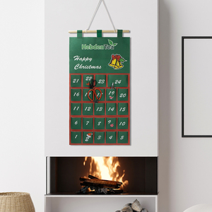 Calendrier de l'Avent en feutre polyester vert de Noël avec chiffres blancs, motifs pingouin et flocon de neige brodés, 25 poches, décoration suspendue - Product Image 3