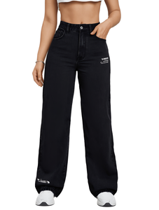 Jeans de Mezclilla Holgados de Cintura Alta y Pierna Recta para Mujer, Estilo Casual, Largos, Negros con Logotipo en la Pierna Derecha - Product Image 1