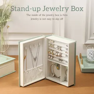 Wholesale Luxury Custom Book Shape PU Leather Jewelry Box Organizer With Logo Jewellery Necklace Ring Earring Bracelet Gift Case