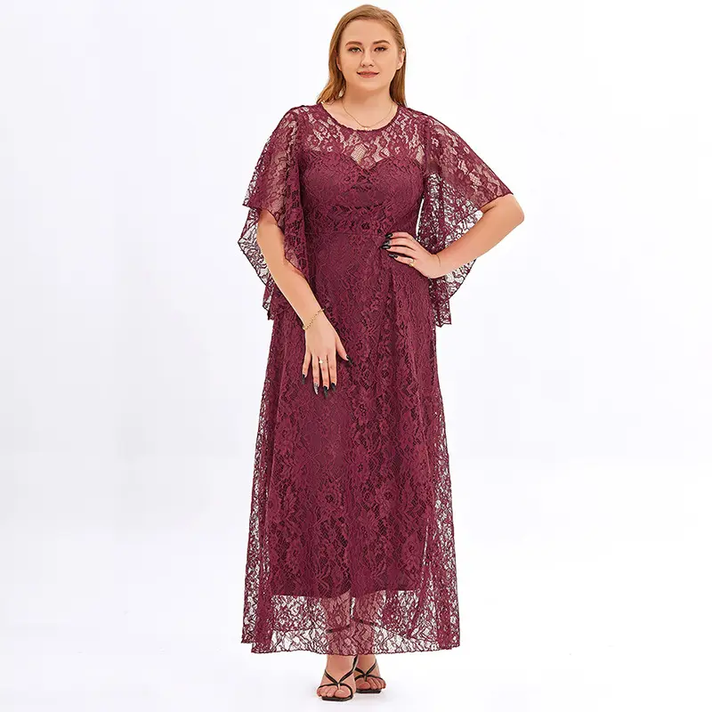 Autumn Summer red flare sleeve Fat Women Casual Floral Sexy O-neck Lace Up Plus Size Women's long Dresses