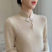 Pull en cachemire 100% tricoté ajouré avec logo personnalisé, style chinois, boutons grenouille en peluche, manches à revers, nouveau modèle, vente en gros, haut de gamme, style ethnique