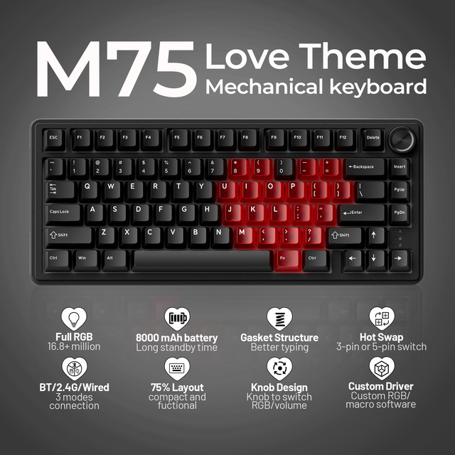 XVX M75 Lumina Tri-Mode 75% Mechanical Gaming Keyboard with RGB Backlit Programmable Keys & Wireless Valentine's Day gift