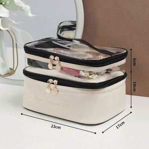 Trousse de Maquillage Double Couche Ouverte en PU, Grande Trousse de Voyage pour Cosmétiques et Soins de la Peau - Product Image 5