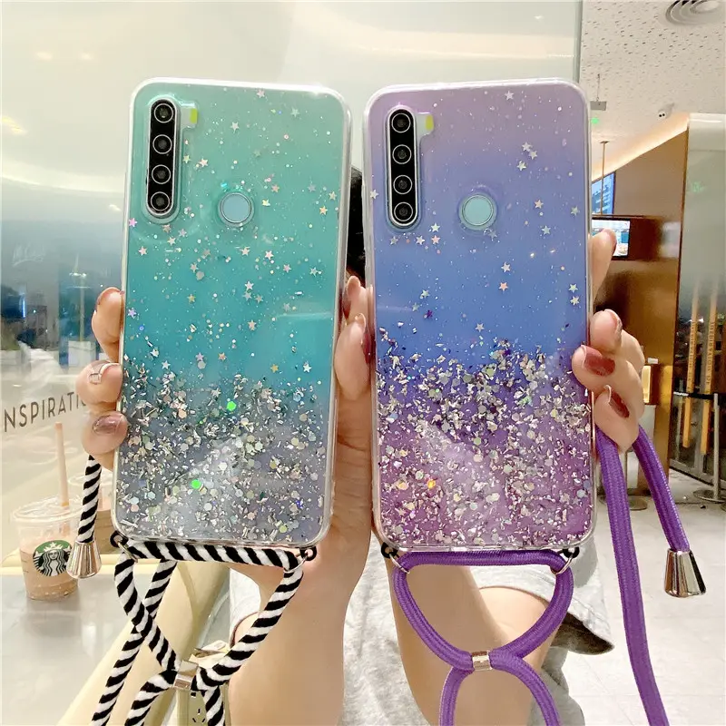 Strap Cord Chain Case For Xiaomi Redmi Note 10 9 9S 8T 8 7 6 5 Pro 7A 8A 9A 9C Mi 10 T Poco X3 NFC F3 M3 Lanyard Glitter Cover