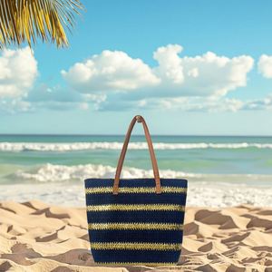 Sac fourre-tout de luxe rayé doré, grande capacité, en paille, pour l'été, les voyages en extérieur et la plage - Product Image 2