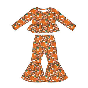 GLP3340 Ensemble personnalisé pour petite fille, motif citrouille, nœuds orange et jaunes, tenue d'automne pour enfant, vêtements pour fille, vente en gros, ensemble à manches longues - Product Image 5