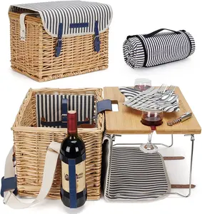Caja de almacenamiento de caña hecha a mano, mimbre, cesta de picnic tejida Vintage