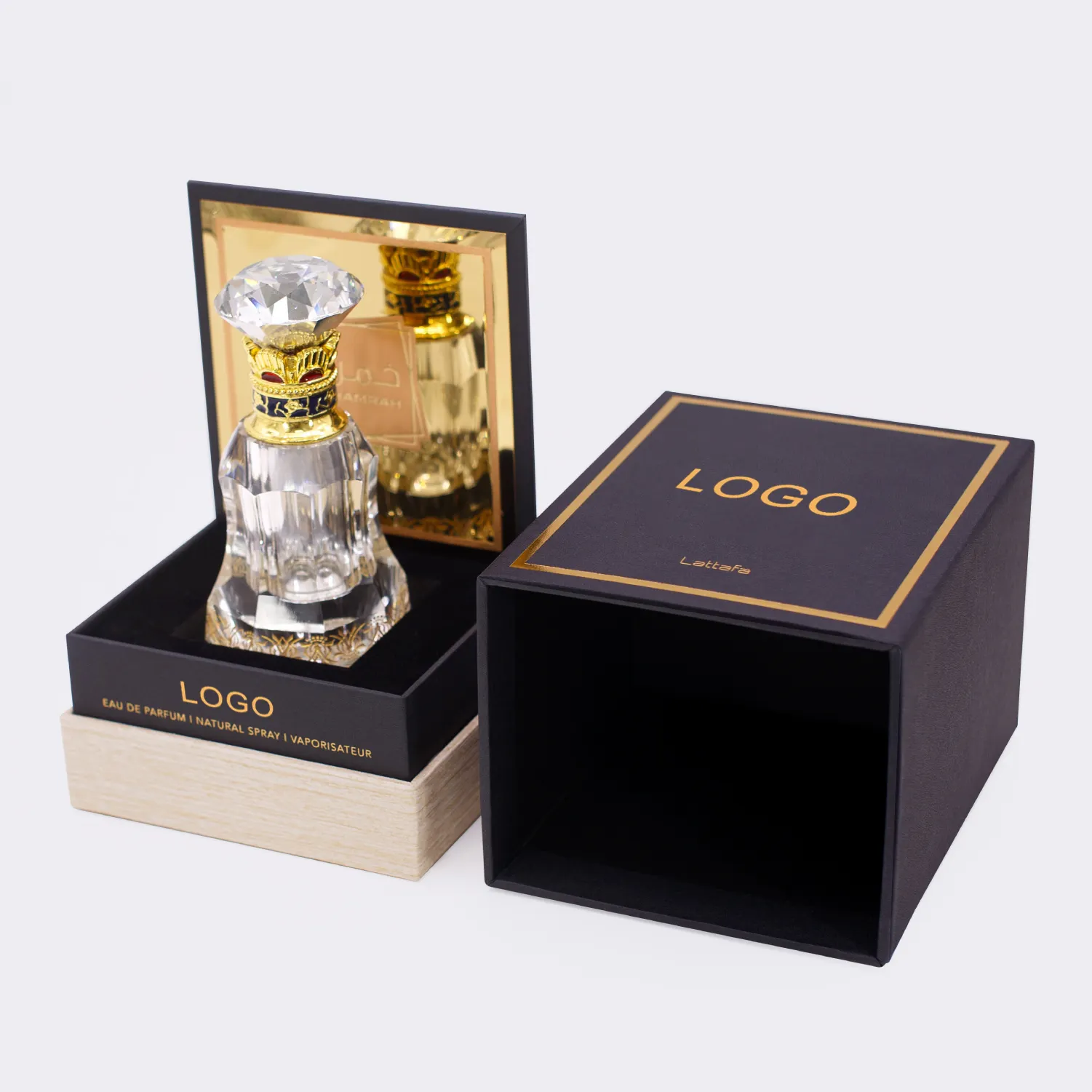 Custom Logo Luxe Zwart Goud Geur Dia Lade Dozen Stijve Kartonnen Papieren Verpakking Geschenkset Parfum Fles Met Doos