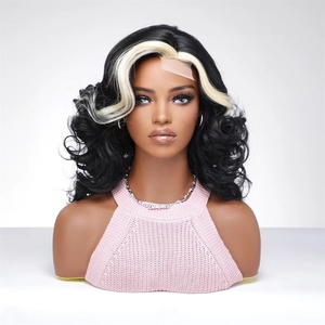 Peluca de encaje frontal para mujer, pelucas de fibra resistente al calor, pelucas sintéticas naturales cortas rubias negras, sin flequillo - Product Image 4