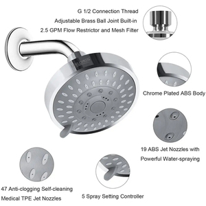Pommeau de Douche Fixe Haute Pression Effet Pluie 5 Jets Luxe, Même à Faible Débit d'Eau (4 Pouces Chrome) - Ventes Flash - Product Image 3