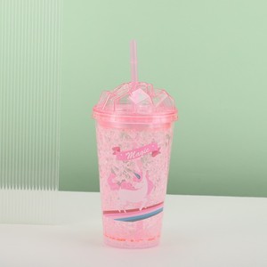 Trendy 450ml Blue Pink Green Purple Four Shades Cartoon Unicorn Double Wall Plastic Straw Cup with Diamond Shaped Dome Lid - Product Image 4