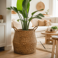 Panier à plantes extra large en jonc de mer tressé à la main pour couvrir les pots d'arbres d'intérieur sur pied avec poignées, style ferme et bohème