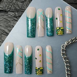Uñas postizas de lujo con forma de ataúd largo, hechas a mano, con cobertura completa, acrílicas, con pedrería de estrellas, precio de fábrica al por mayor - Product Image 3