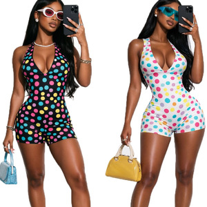 Mono corto de verano con cuello en V profundo y espalda descubierta para mujer, con estampado de lunares, tipo body para mujer - Product Image 1