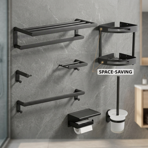 Ensemble de salle de bain noir mat en six pièces, support mural en métal minimaliste rectangulaire, porte-serviettes, porte-papier toilette, étagère d'angle - Product Image 1