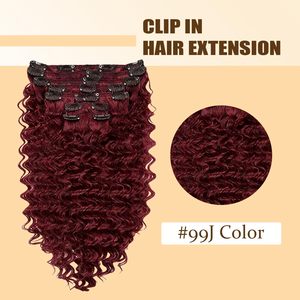 Extensioni per <span class=keywords><strong>capelli</strong></span> con clip in vero capello umano Remy brasiliano, 12 pollici, colore bordeaux/rosso vino 99J, morbide, 120g, 7 pezzi, onda profonda setosa per donna - Product Image 6