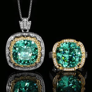 Ensemble de bijoux de haute qualité, écologique, en cuivre, avec pendentif en zircone verte de 14*14 mm, boucles d'oreilles et bague pour femmes - Product Image 3