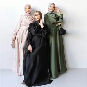 Grosir Turki Dubai Abaya 2024 desain gaun Muslim wanita Abaya mewah dari pakaian Islami Satin gaun malam sederhana Abaya